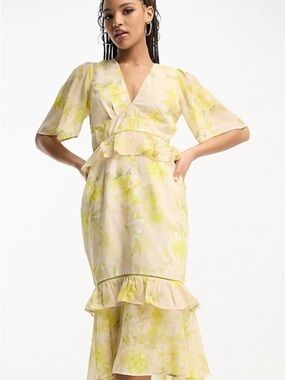 Hope & Ivy Yellow Floral Ruffle Midi Dress